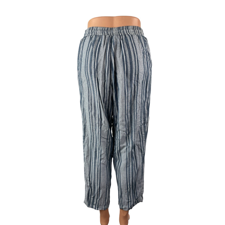 American Eagle Women's Blue Striped High Rise Tie Wide Leg Trousers Pants Size M