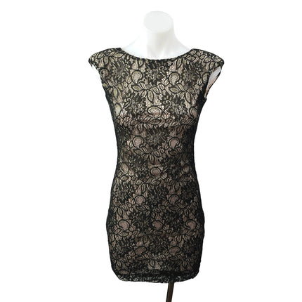 Soky & Soka Women's Black Floral Lace Cap Sleeve Open Back Mini Bodycon Dress S