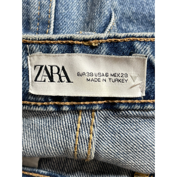Zara Light Blue Wash Distressed Ripped High Rise Straight Denim Jeans Pants Sz 6
