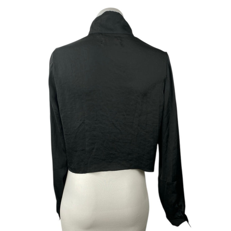 Urban Outfitters Black Satin Bow Tie Front Button Long Sleeve Crop Shirt Top M
