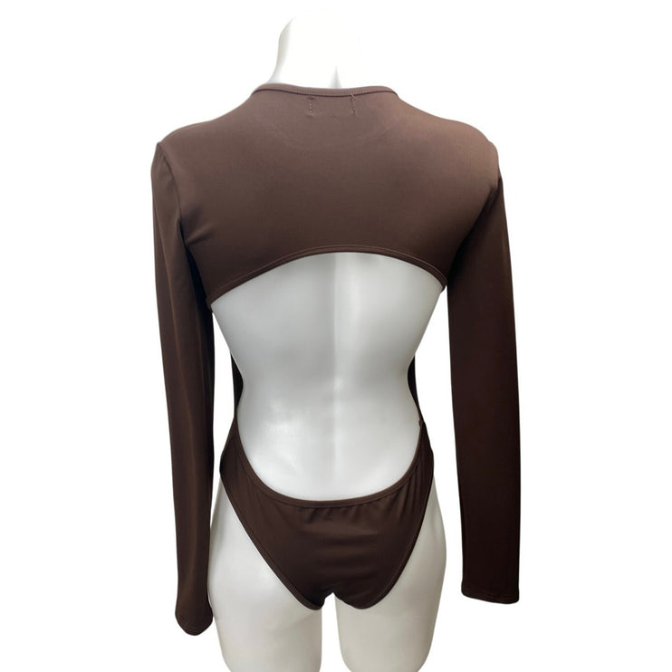 Edikted Brown Long Sleeve Crew Neck Open Back Cutout T Shirt Bodysuit Top Size S