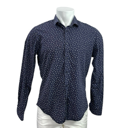 Zara Men's Navy Blue Long Sleeve Slim Fit Printed Button Down Shirt To Size L