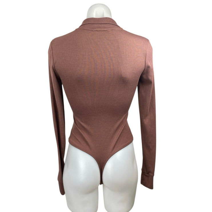 Free People Do It Right Women's Brown Collared V Neck Long Sleeve Bodysuit Top S