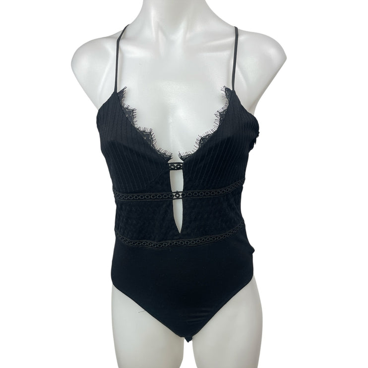 Superdown Black Lace Fringe Argyle Cutout Cami Camisole Tank Bodysuit Top Size S