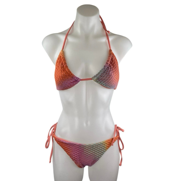 NEW Berlook Coral Halter Triangle Crochet Tie Two Piece Bikini Set Swimwear Sz S