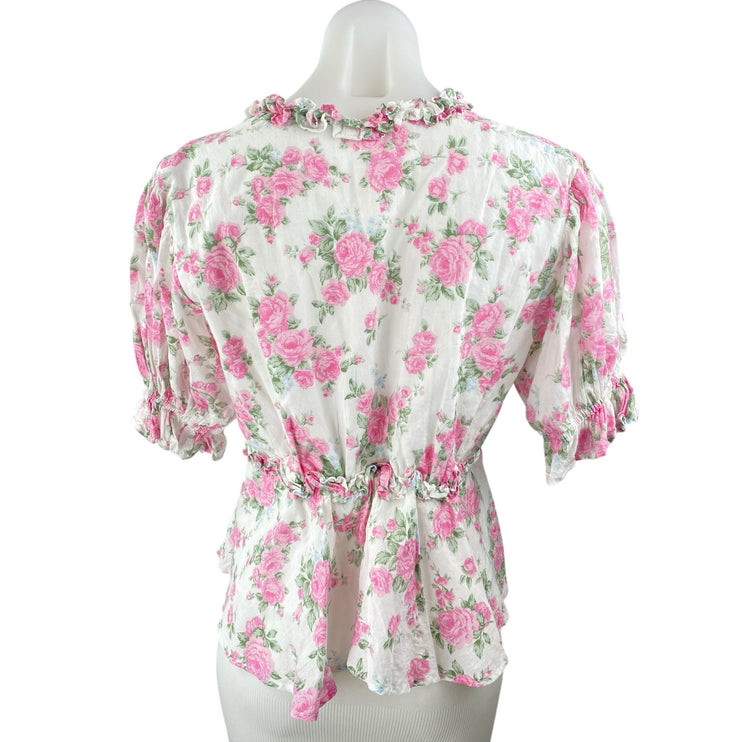 Mable Multicolor Floral Short Puff Sleeve Ruffle V Neck Peplum Blouse Top Size M