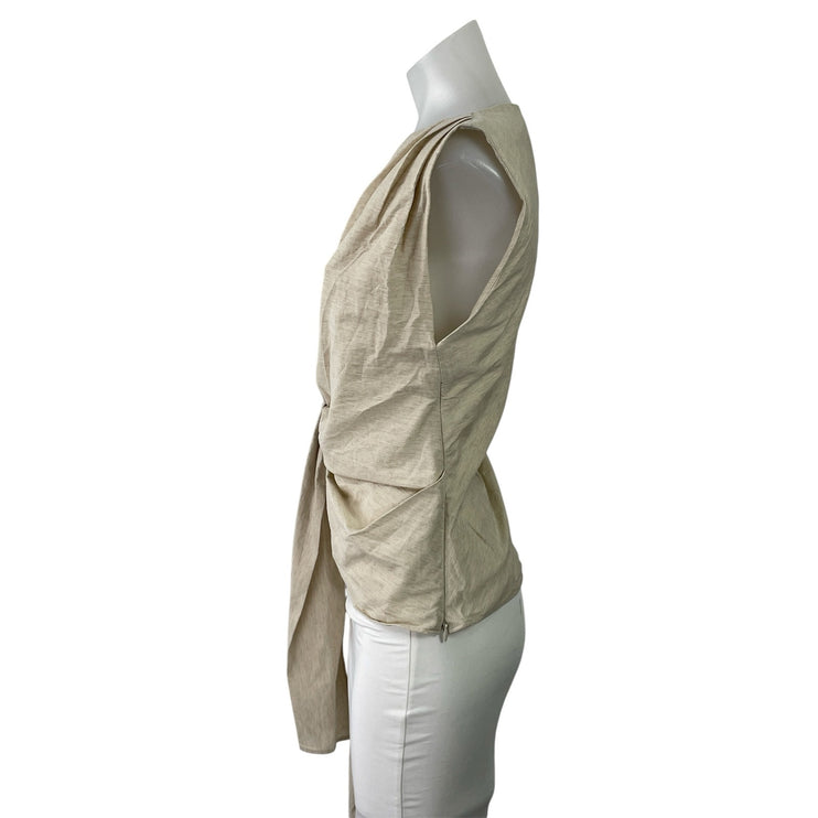 Zara Womens Beige Linen Blend Cap Sleeve Draped Tie Knot Front Blouse Top Size S
