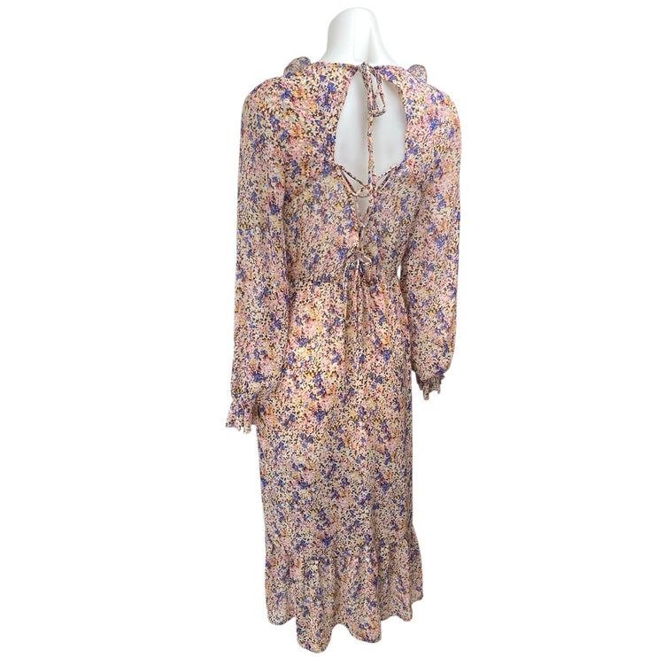 Zara Multicolor Long Puff Sleeve V-Neck Ruffle Cutout A Line Maxi Dress Size M