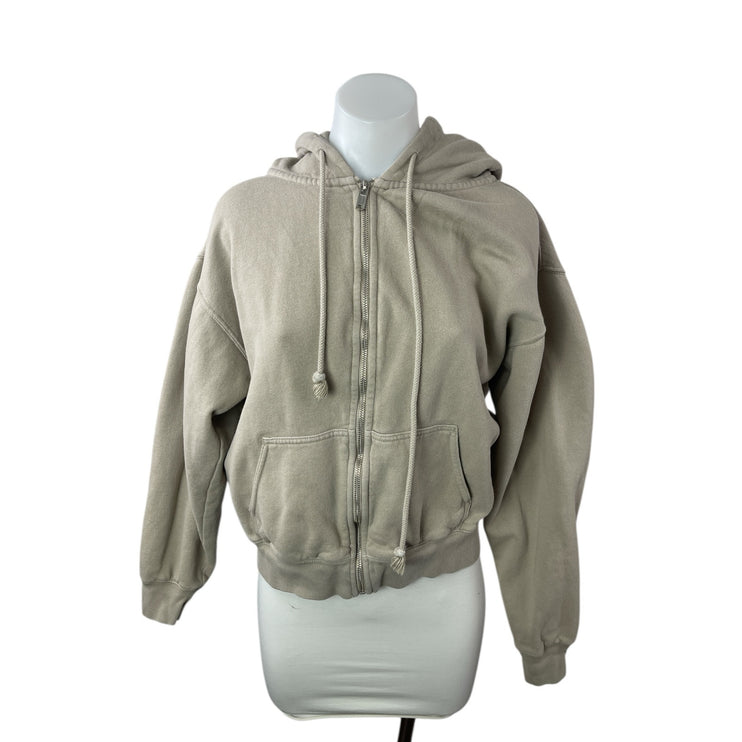 Brandy Melville Women's Beige Fleece Full Zip Hoodie Hooded Sweater Jacket Sz S