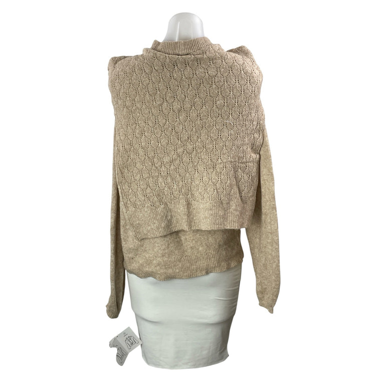 NEW Democracy Beige Wool Layered Tie Long Sleeve Mock Neck Sweater Top Size S