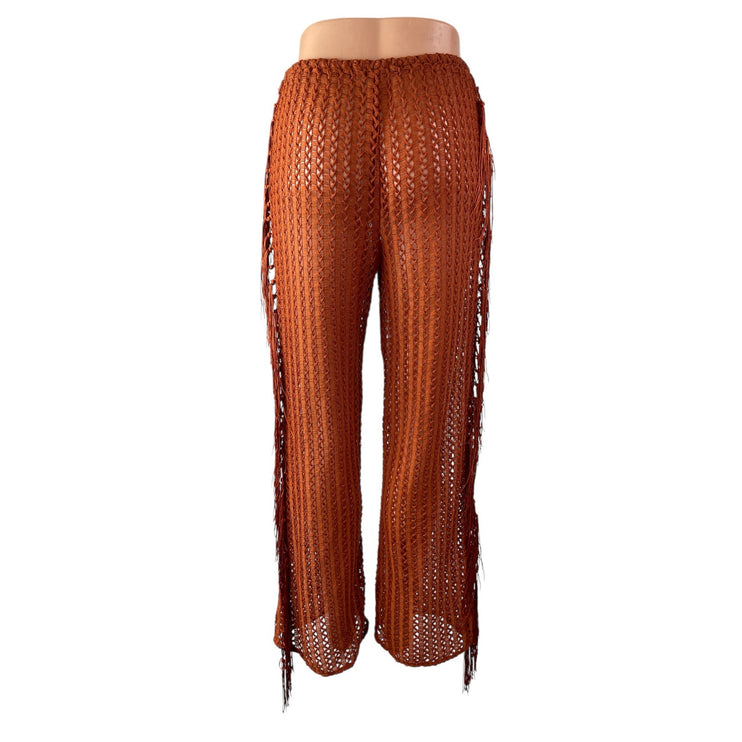 Camila Coelho Kira Women's Brown Sheer Crochet Summer Cover Up Trousers Pants S