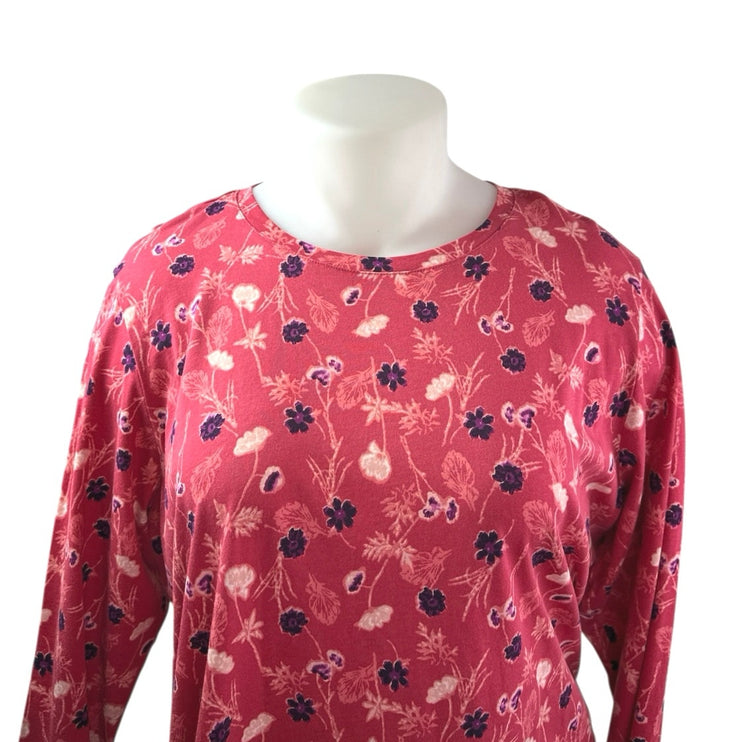 Lands' End Women's Pink Red Floral Cotton Long Sleeve Tee T-shirt Top Size XL