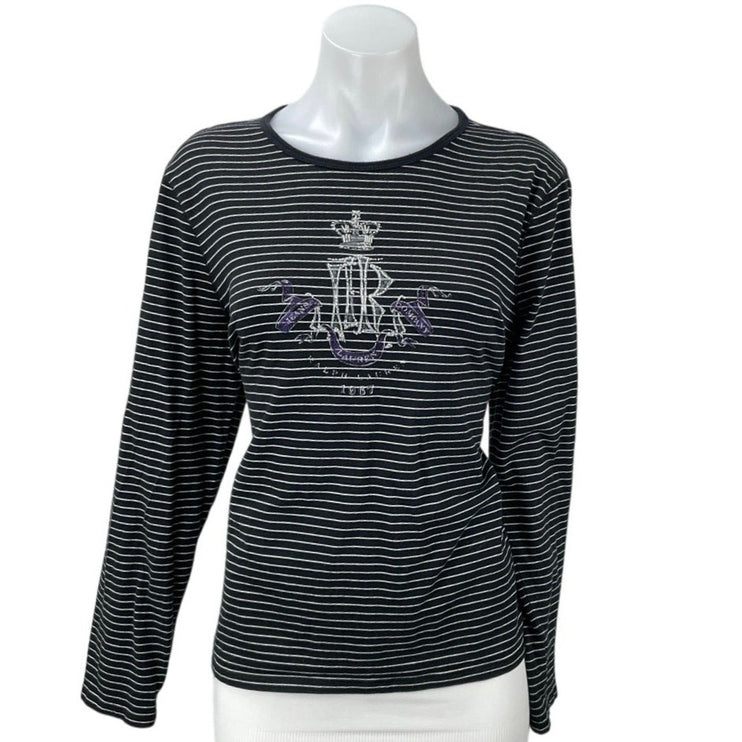Lauren Jeans Co Womens Stripe Embellished Graphic Long Sleeve Tee T-Shirt Top XL