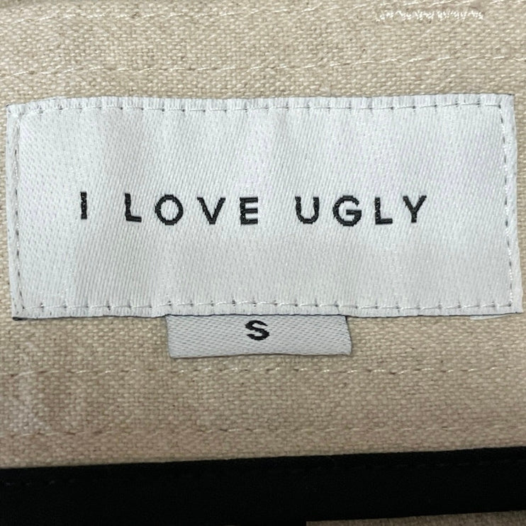 I Love Ugly Women's Beige Linen Khaki Pleated Wide Leg Trousers Pants Size S