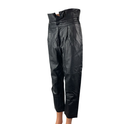 Women's Black Faux Leather Vegan High Rise Paperbag Straight Trousers Pants W30