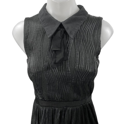 Hunter Bell Black Sleeveless Plisse Pleated Collared Bow Maxi Sheath Dress Sz 0