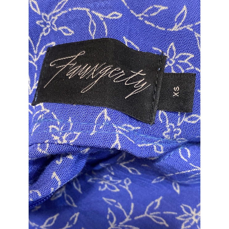 Fauxgerty Blue Floral Leaf Print High Waisted Swing Flowy Midi Slip Skirt Sz XS