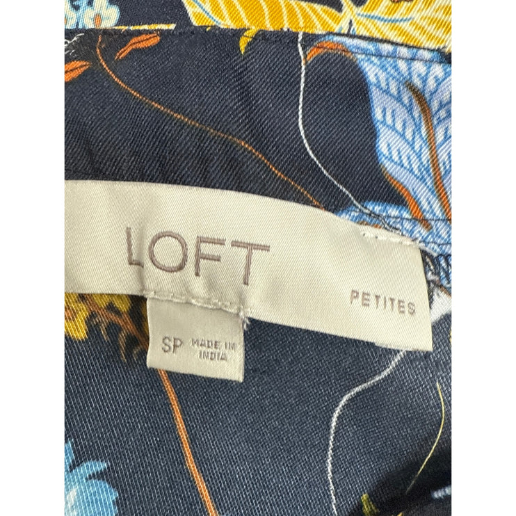 Ann Taylor LOFT Navy Blue Multicolor Floral Short Puff Sleeve Blouse Top Size S
