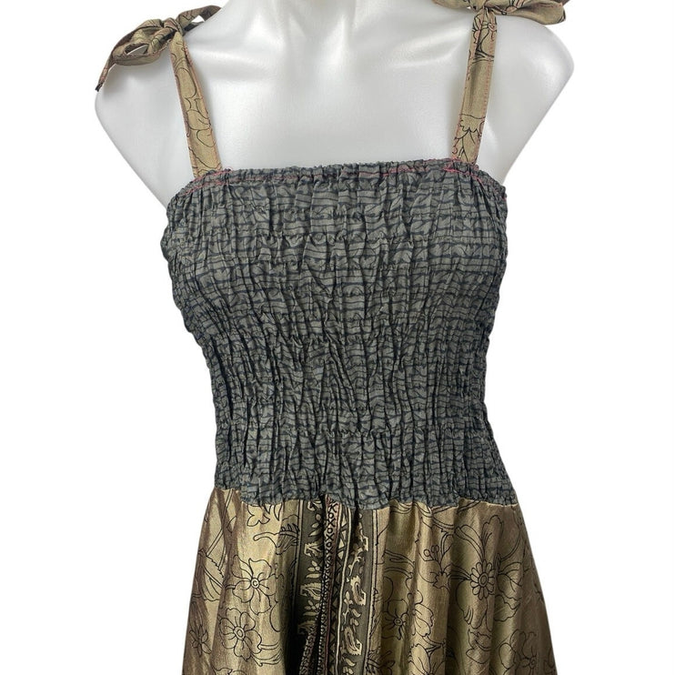 Belma Gold Gray Metallic Sleeveless Smocked Cami Camisole Midi A-Line Dress OS