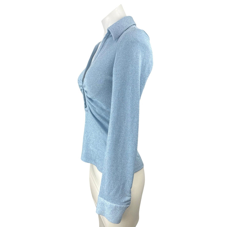 Zara Women's Blue Glitter Long Sleeve V Neck Button Polo Blouse Top Size XS