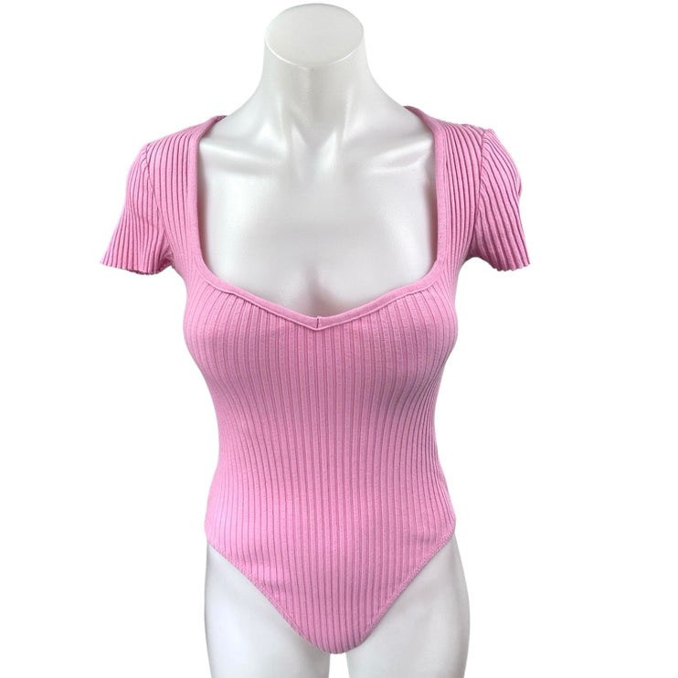 Zara Women's Pink Rib Knit Short Sleeve Sweetheart Neck Stretch Bodysuit Top M