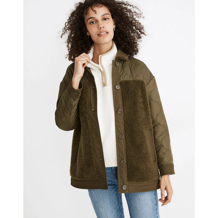 Madewell Women's Green Faux Sherpa Long Sleeve Quilted Hybrid Jacket Size L