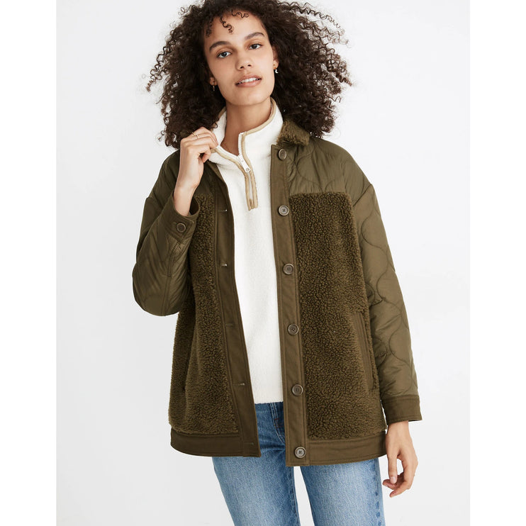 Madewell Women's Green Faux Sherpa Long Sleeve Quilted Hybrid Jacket Size L