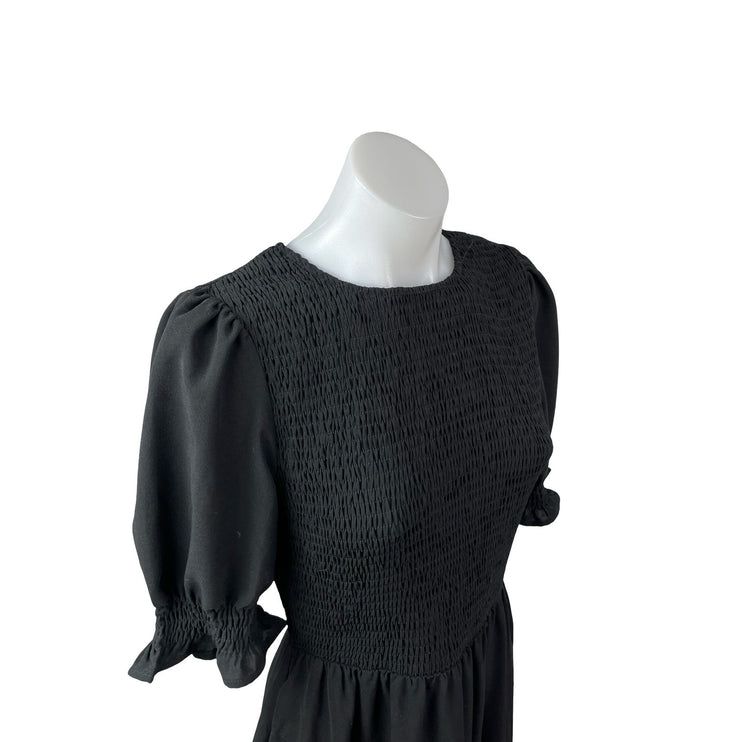 BTFBM Women Black Smocked Tiered Half Puff Sleeve Midi Maxi Flare A-Line Dress S