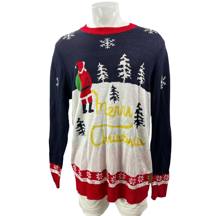 Tipsy Elves Mens Navy Knit Santa Claus Snow Ugly Christmas Sweater Top Size XXL