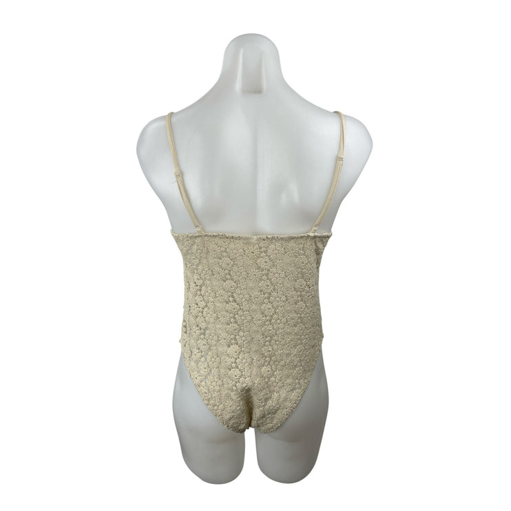 H&M Women's Beige Floral Lace Eyelet Crochet Sleeveless Camisole Tank Bodysuit M
