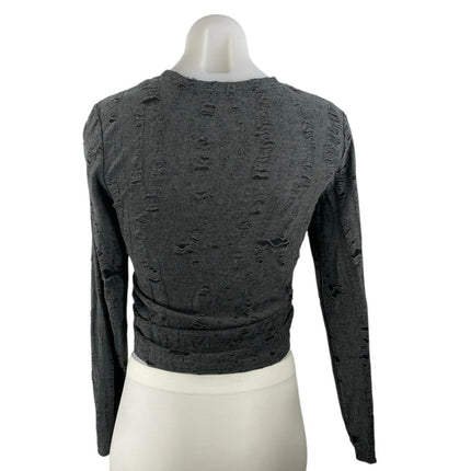 3.3 Field Trip Women's Black Distressed Knit Long Sleeve Crop Tee Shirt Top OS