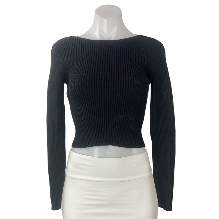 ASTR The Label Black Long Sleeves Ribbed Knit Open Back Chain Crop Sweater Top S