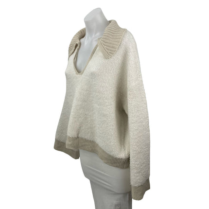 By Together Cream Beige Fleece Long Sleeve Knit Polo Sweatshirt Sweater Top Sz M