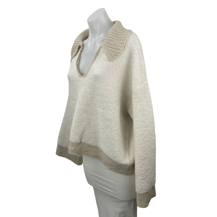 By Together Cream Beige Fleece Long Sleeve Knit Polo Sweatshirt Sweater Top Sz M
