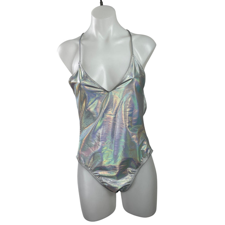 Norma Kamali Fara Low Back Mio Silver Hologram One Piece Swimsuit Swimwear XL