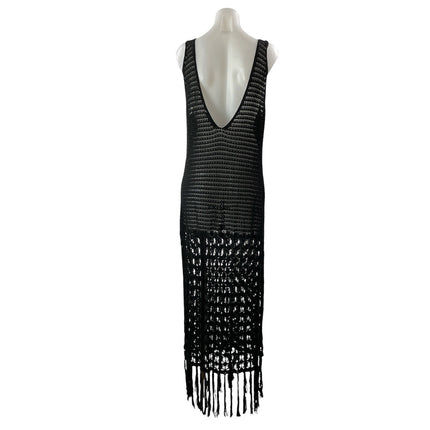 Zara Women's Black Sleeveless Open Knit Crochet Fringed Tasseled Maxi Dress Sz M