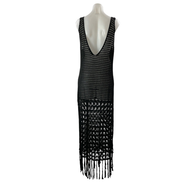 Zara Women's Black Sleeveless Open Knit Crochet Fringed Tasseled Maxi Dress Sz M