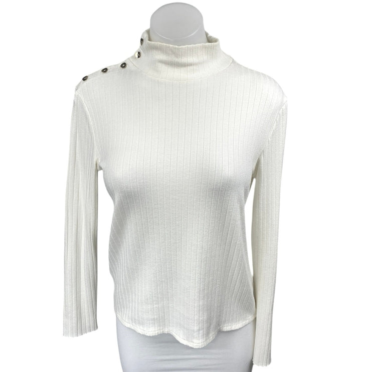 Mango MNG White Ribbed Knit Long Sleeve Button Turtleneck Sweater Top Size L