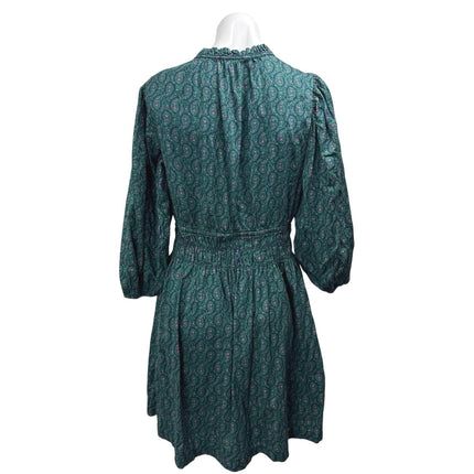 Gap Green Long Puff Sleeve Smocked Waist Paisley Floral A Line Mini Dress Size M