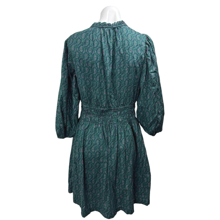 Gap Green Long Puff Sleeve Smocked Waist Paisley Floral A Line Mini Dress Size M