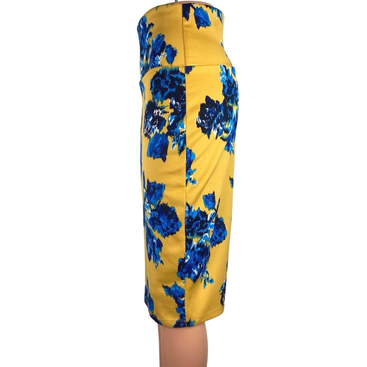 Silhouette NYC Yellow Blue Floral Stretch Straight Pencil Career Office Skirt M