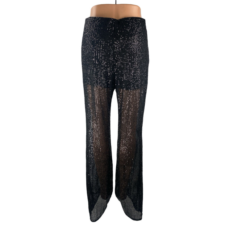 NEW Nasty Gal Women's Black Sequin Sparkly Sheer Wide Leg Trousers Pants Size 8
