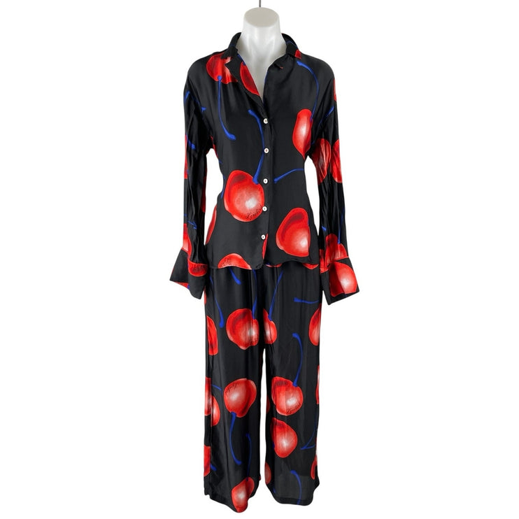 Anthropologie LyreBird Silky Cherry Long Sleeve Wide Leg Pajama Sleepwear Set XS