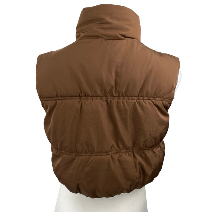 H&M Women's Brown Stand Collar Full Zip Sleeveless Crop Puffer Coat Jacket XXS