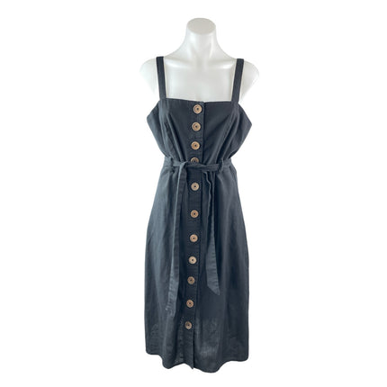 Hyfve Womens Black Linen Sleeveless Button Down Tie Waist A Line Midi Dress Sz M