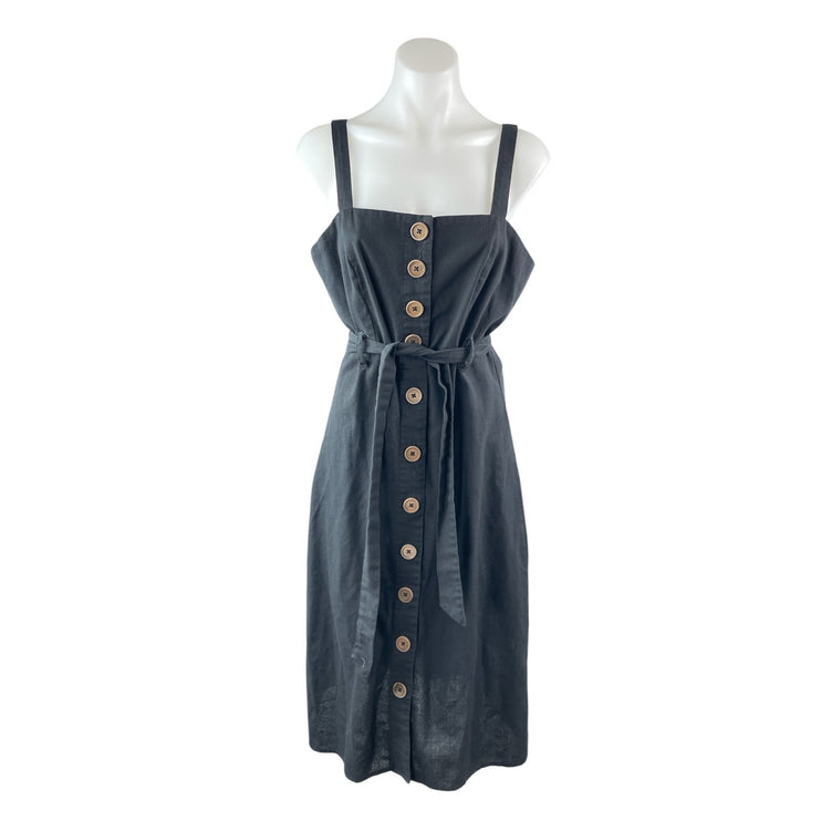 Hyfve Womens Black Linen Sleeveless Button Down Tie Waist A Line Midi Dress Sz M