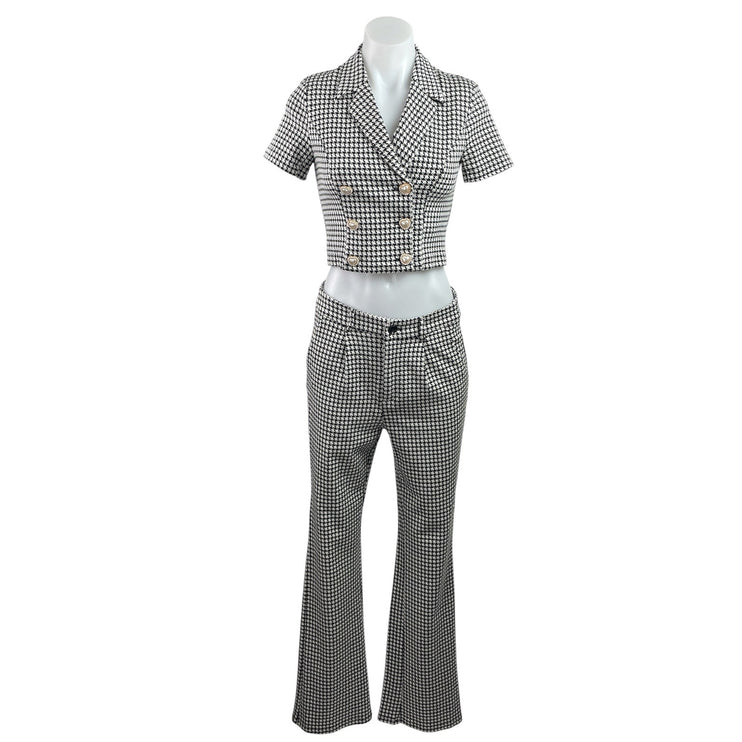 Cider Lady Houndstooth Cropped Blazer Flare Trousers Pants 2 Piece Set Size S