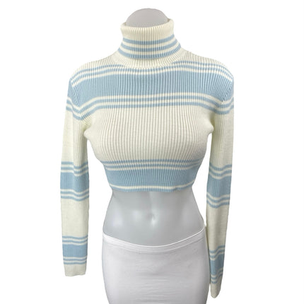 All The Ways Blue Striped Rib Knit Long Sleeve Turtleneck Crop Sweater Top Sz XS