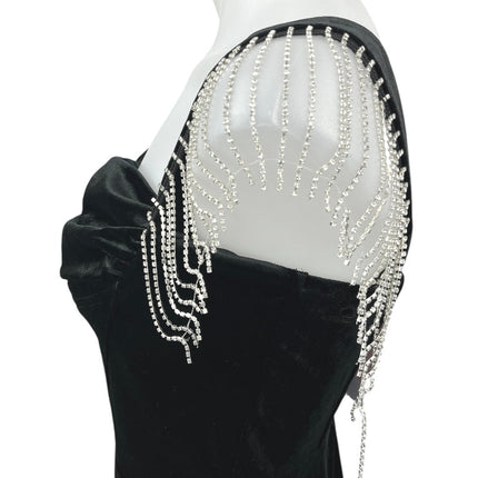 NEW JJ's House Black Velour Velvet Jeweled Fringe Holiday Mini Bodycon Dress L
