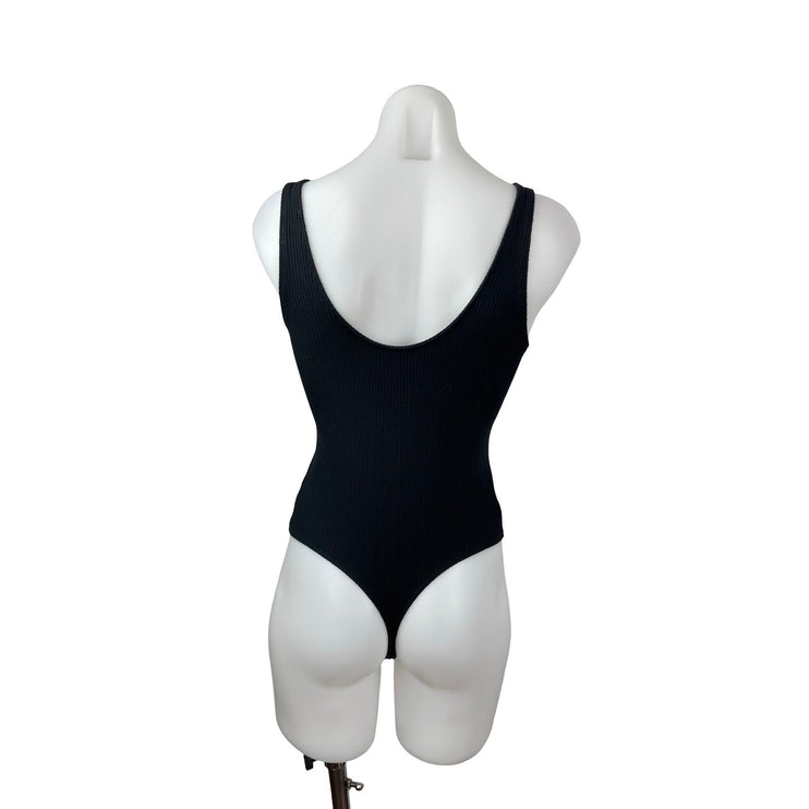 Abercrombie & Fitch Black Ribbed Knit V Neck Tie Bow Tank Bodysuit Top Size S